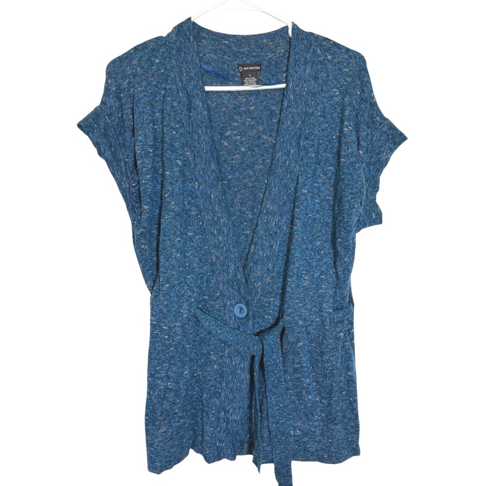 New Directions L Blue Short Sleeve Cardigan Button Waist Tie Marled Coastal Boho